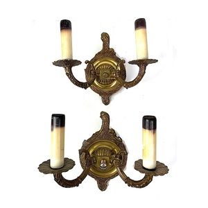 Vintage 50s Pair Solid Brass Bird Wall Sconces Heavy Ornate Metal Art Deco